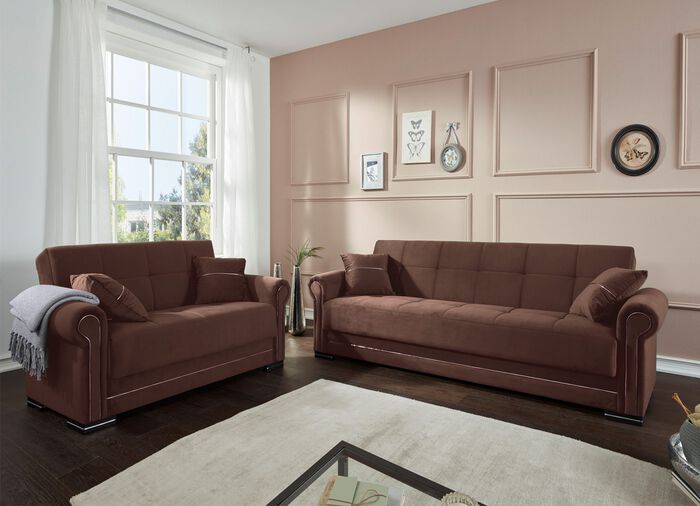 Functioneel gestoffeerd meubel op een stevig houten onderstel BRUIN