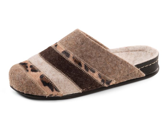 Laurina pantoffel gemaakt van vilt en bedrukt nepbont BEIGE