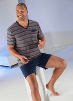 Shorty met V-hals, garengeverfd gestreept dessin en borstzak 