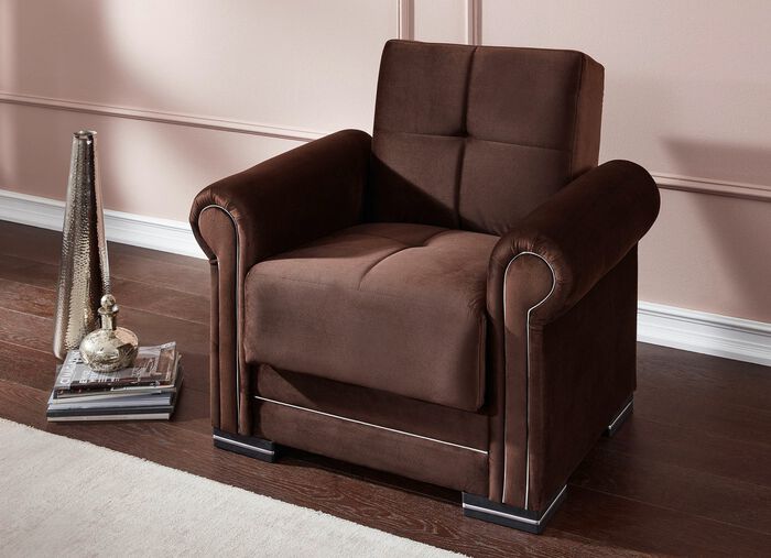 Functioneel gestoffeerd meubel op een stevig houten onderstel BRUIN