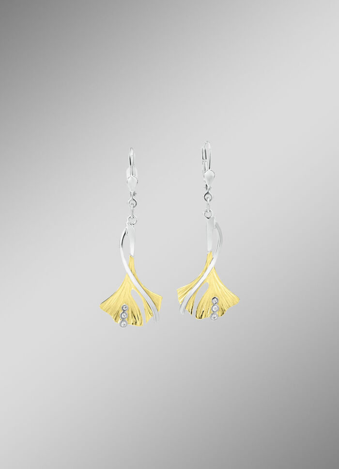 Ginkgo-blad oorbellen in twee kleuren met synthetische zirkonia 