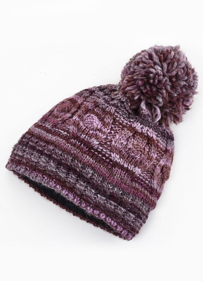 Grofgebreide muts met wollen bobbel BORDEAUX-ROZE