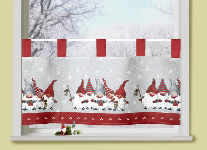 Korte venstervitrage 'kabouterfamilie' met lussen 