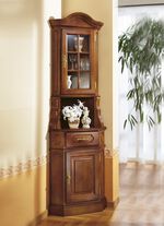 Hoekvitrine met elegante, goudkleurige metalen handgrepen 