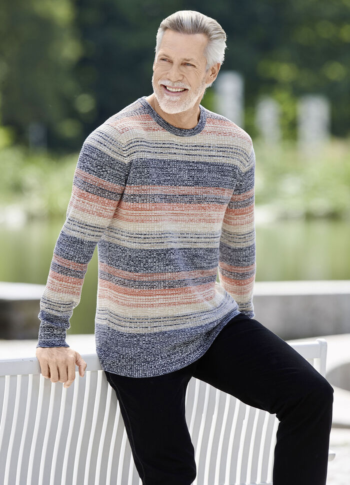 Aantrekkelijke trui met ronde hals MARINE-ORANGE-BEIGE MELIERT