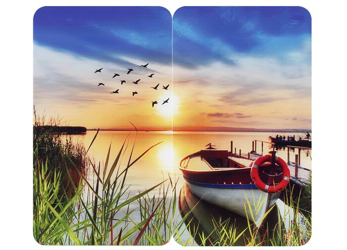 Glazen kookplaatafdekking of wandpaneel, motief van een idyllische oever van het meer 