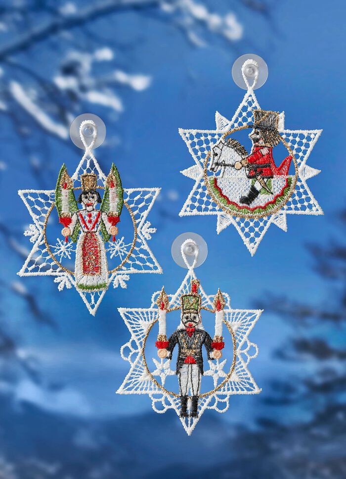 Raamschildering Erzgebirge, set van 3, gemaakt van echt Plauen kant 