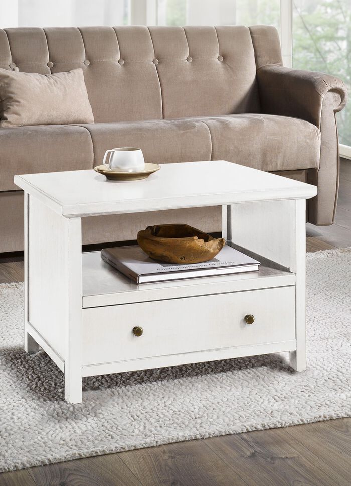 Gedeeltelijk massieve tafel met metalen handgrepen 