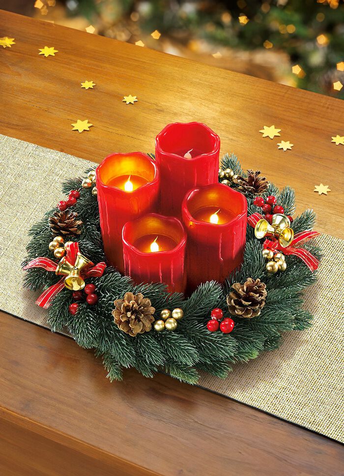 Adventskrans met echte waskaarsen met led ROOD