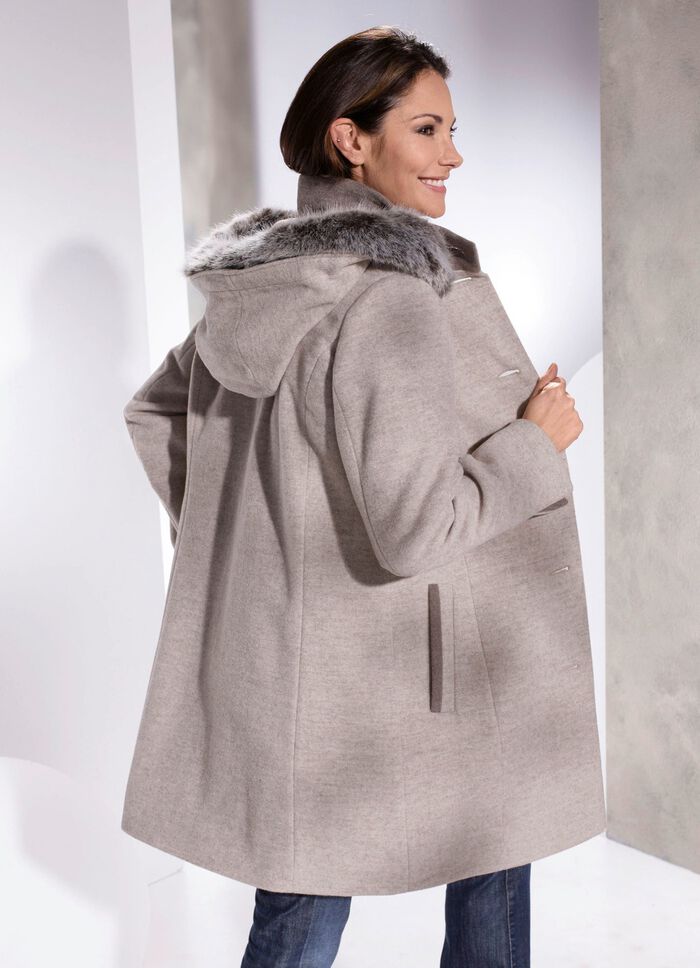 Korte jas met afneembare rand van imitatiebont op de afneembare capuchon 