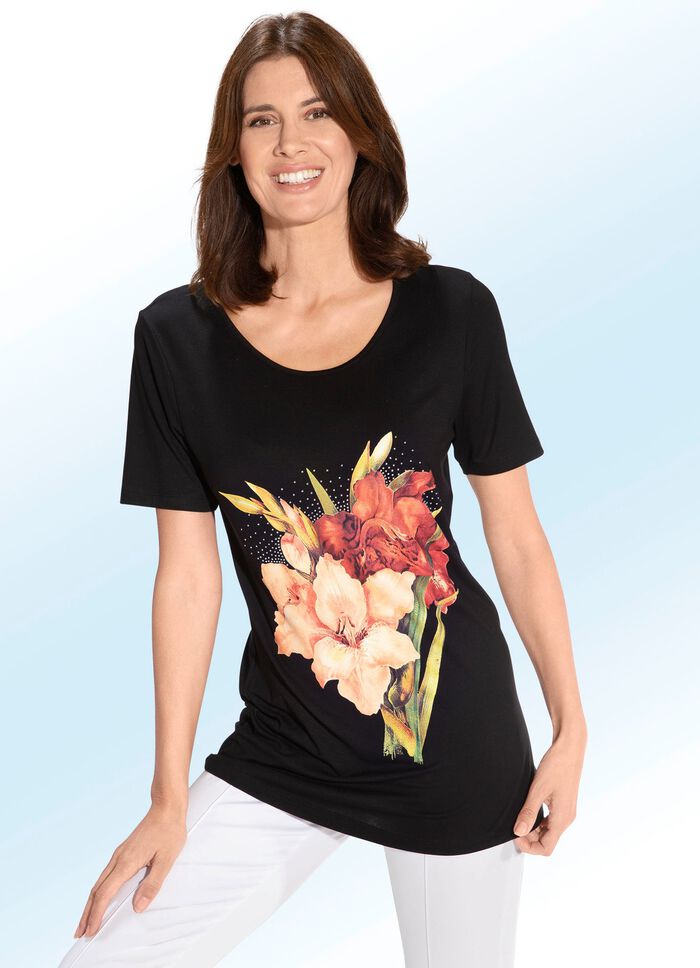 Lang shirt met contrastprint in 2 kleuren ZWART