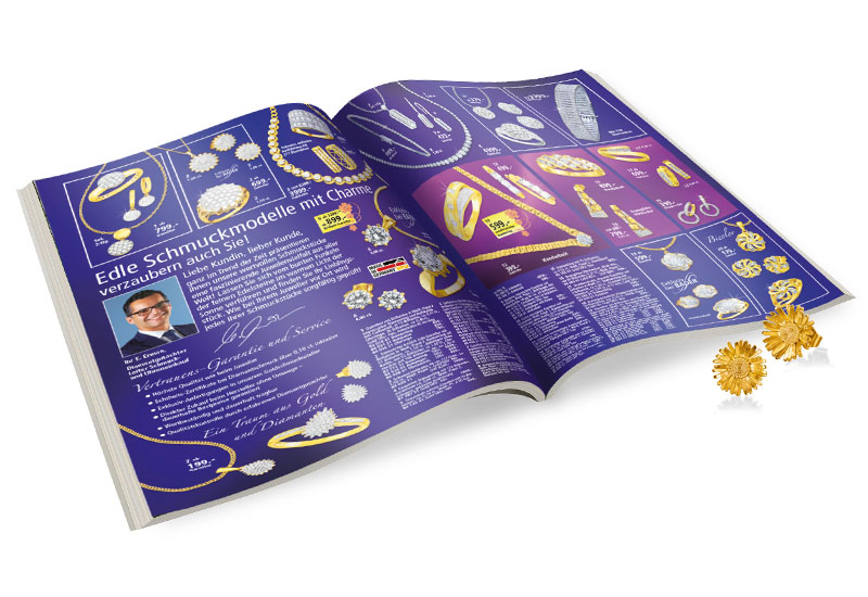 Opengeslagen BADER-cataloguspagina met gouden sieraden en briljanten, aangevuld met twee gouden oorstekers.