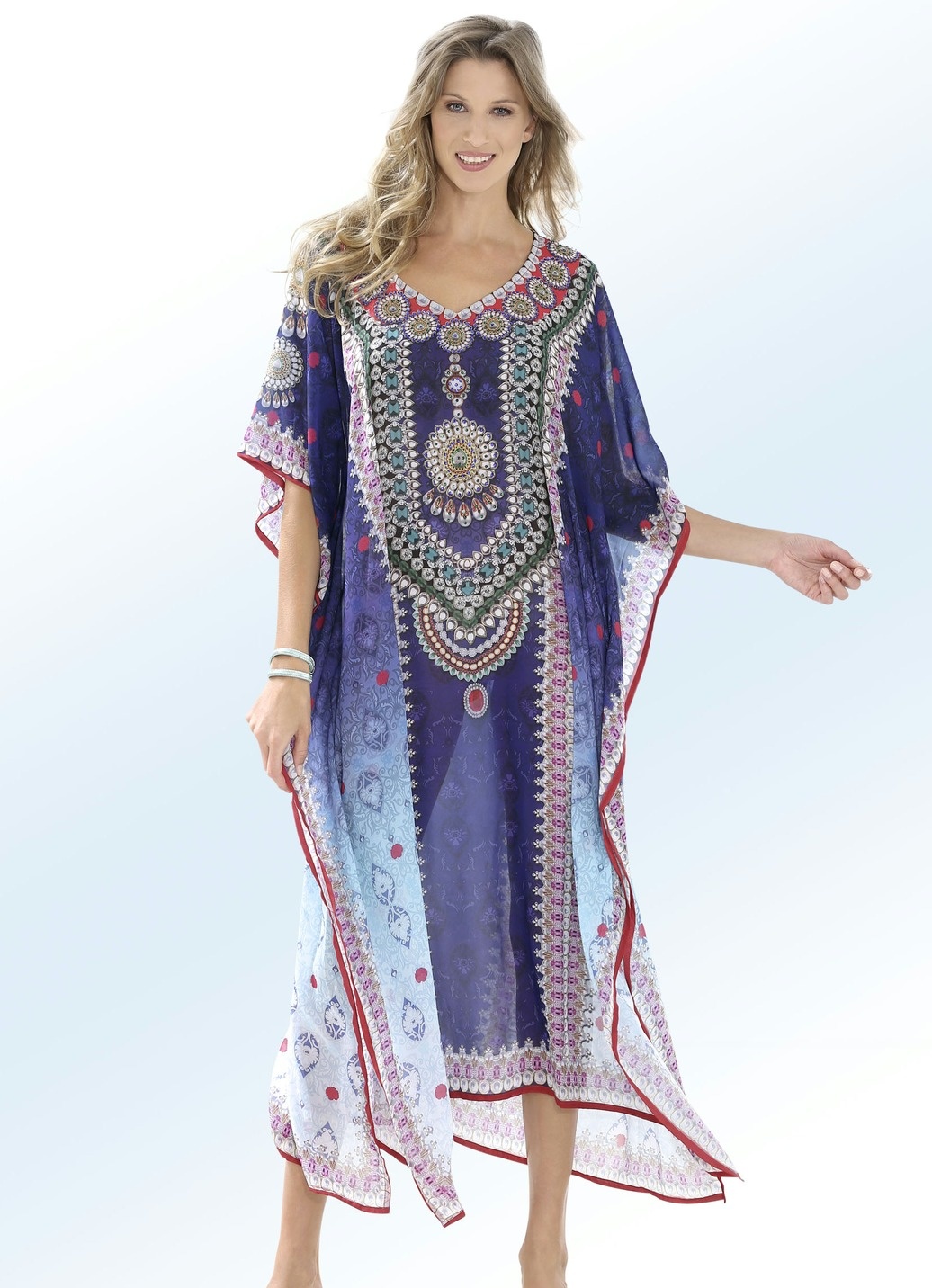 Snyemio Kaftan, lange strandjurk voor dames, maxi, pareo, bloemen, zomer, tuniek, boho, oversized kimono, Kleur 34, one size