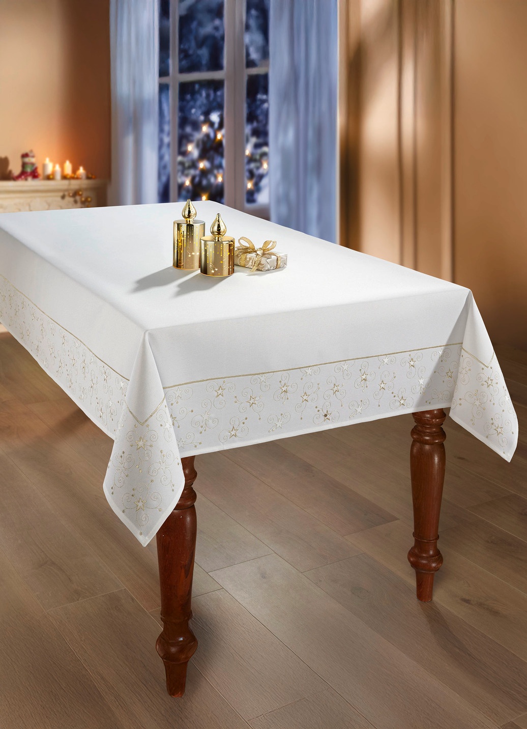 ANRO Kersttafelkleed stoffen tafelkleed 280x140cm ster rond met zoom (omzoomd) 70% katoen, 30% polyester waterafstotend afwasbaar onderhoudsvriendelijk Kerstmis