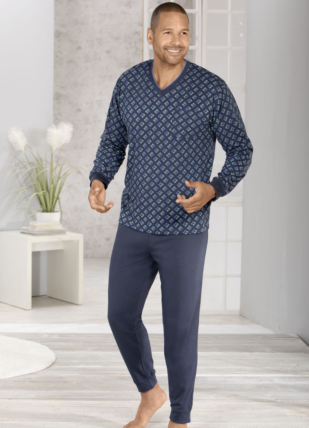 Normann Badstof pyjama voor heren, lange mouwen, met manchetten, ook in grote maten, blauw/rood, 48
